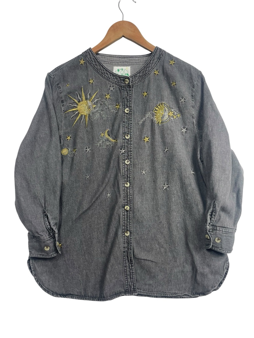 The Quacker Factory Celestial Jacket Sun Moon Stars Embroidered Denim Shirt Med
